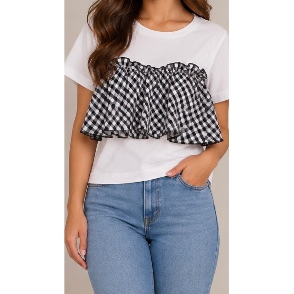 White Gingham Ruffle Overlay T-Shirt Black Check Bow Back Short Sleeve Size-M